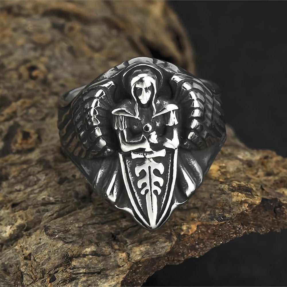 European and American Jewelry Wholesale Men's Titanium Ring Angel Wings Sword Design