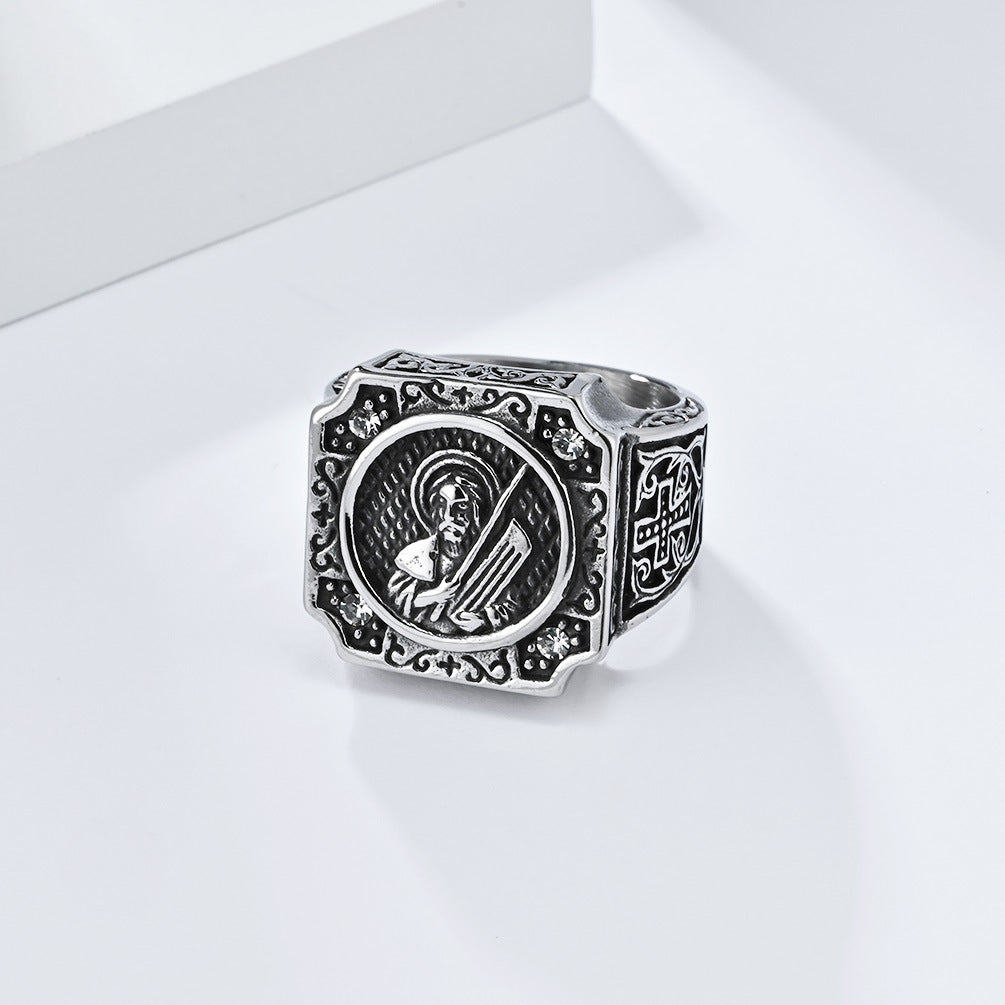 Planderful Cross Portrait Ring For Men Bold Steel Hip Hop Punk Style Durable Everyday Jewelry