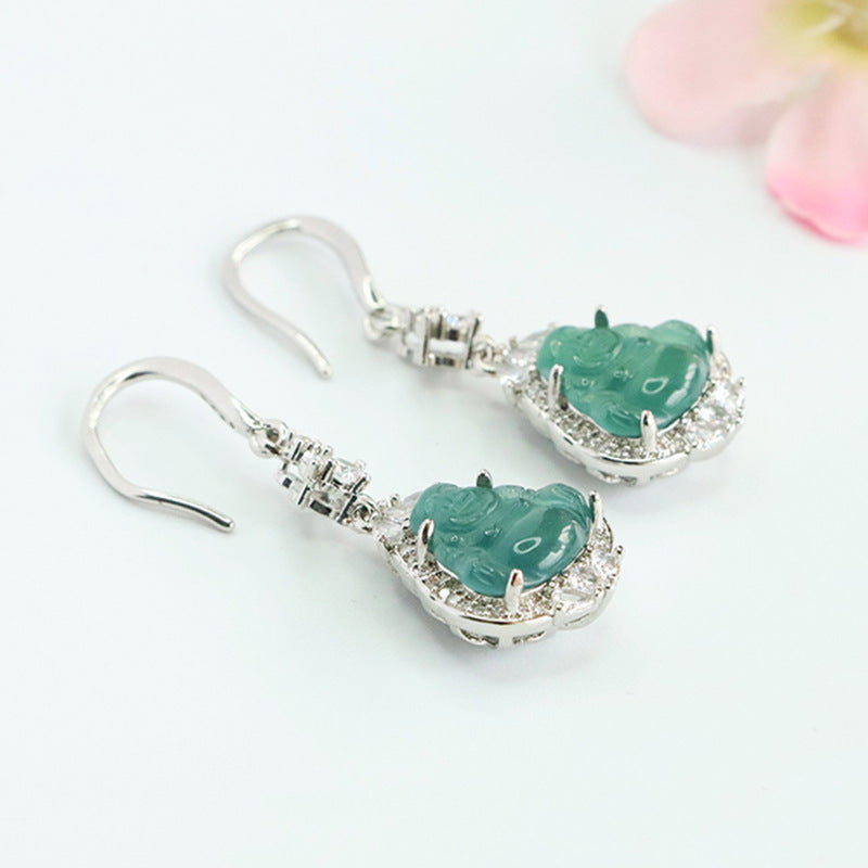Blue-Water Jadeite Buddha Zircon Halo Earrings