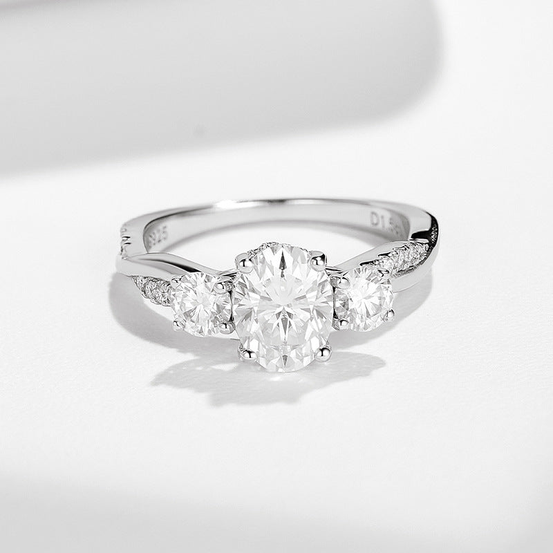Cross-Border Independent Station Egg-Shaped Moissanite 1.5 Carat Twisted Arm Ring S925 Silver-Plated Engagement