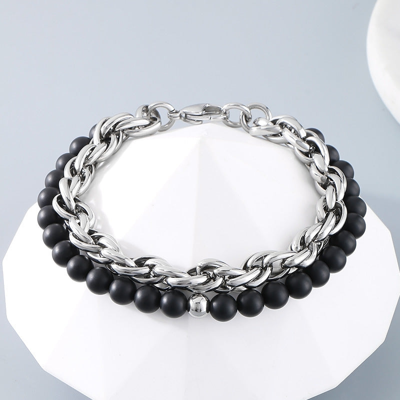 Planderful Black Agate Steel Ball Bracelet Retro Twist Men