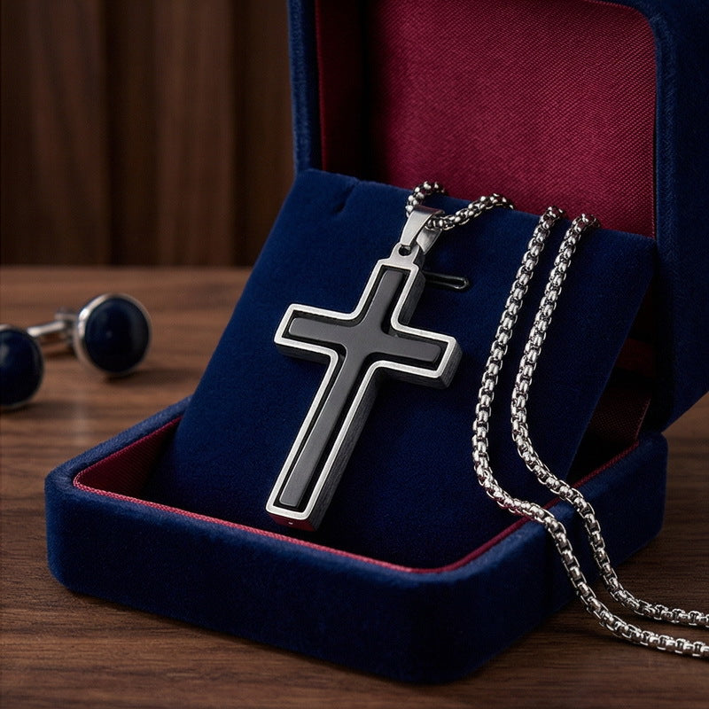 Popular Japanese And Korean Retro Rotatable Cross Two-Color Stainless Steel Men's Pendant Necklace