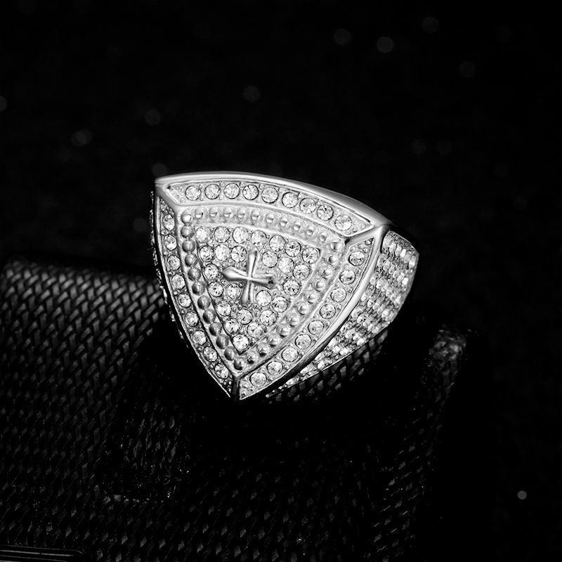 Planderful Hip Hop Ring For Men Stainless Steel Gold Plated Rhinestone Triangular Cross