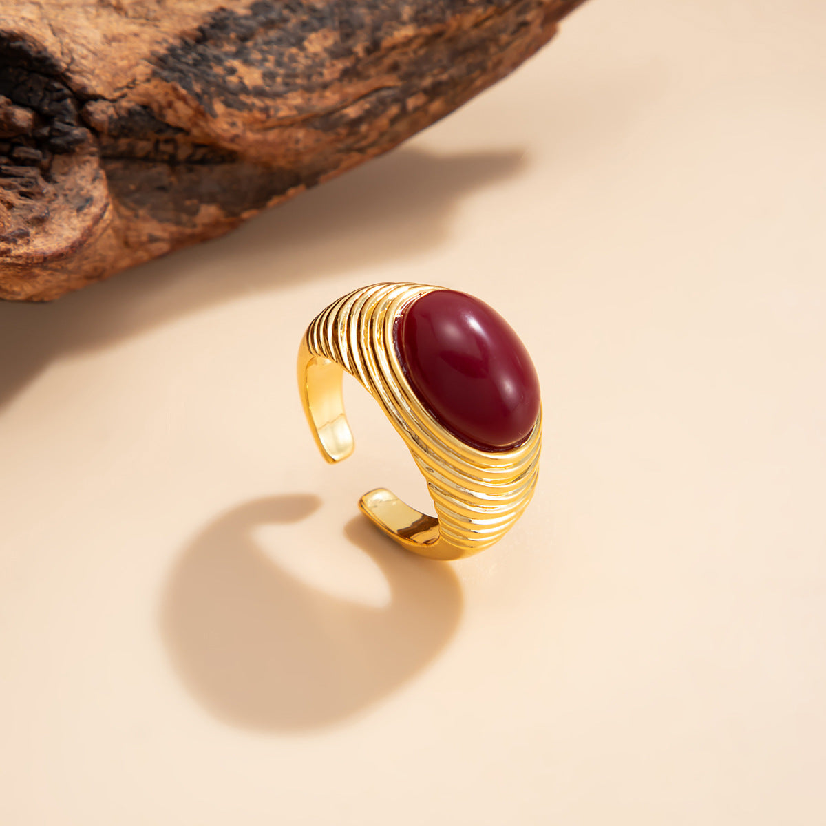 Planderful Vienna Verve Retro European Red Stone Open Ring For Women Geometric Oval Statement