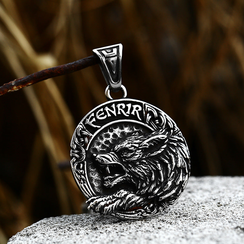 Stainless Steel Relief Wolf Head Pendant – Nordic Viking Odin Compass Letter Titanium Necklace