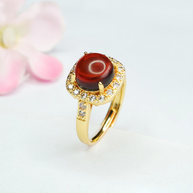 Round Blood Amber Ring with Zircon Halo Jewelry