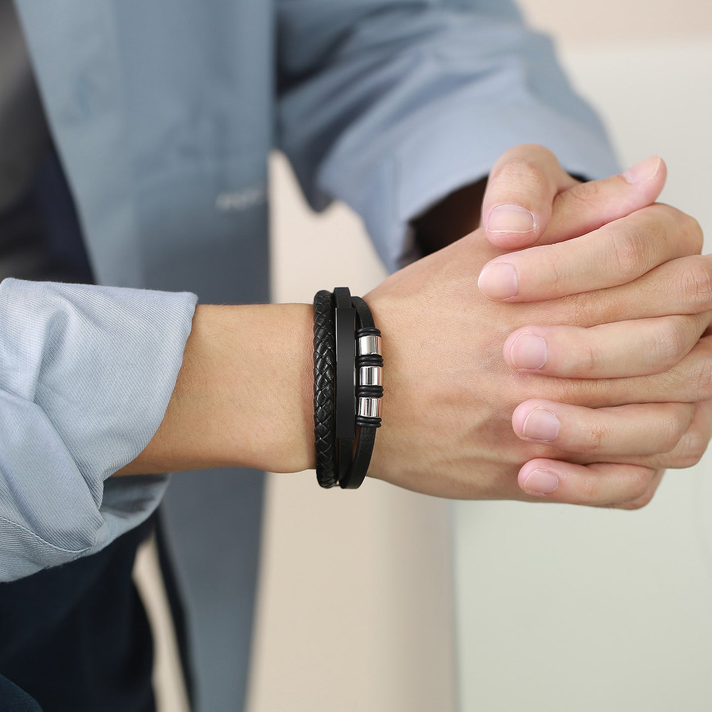 Titanium Steel Men's Leather Bracelet Three-Layer Black Model