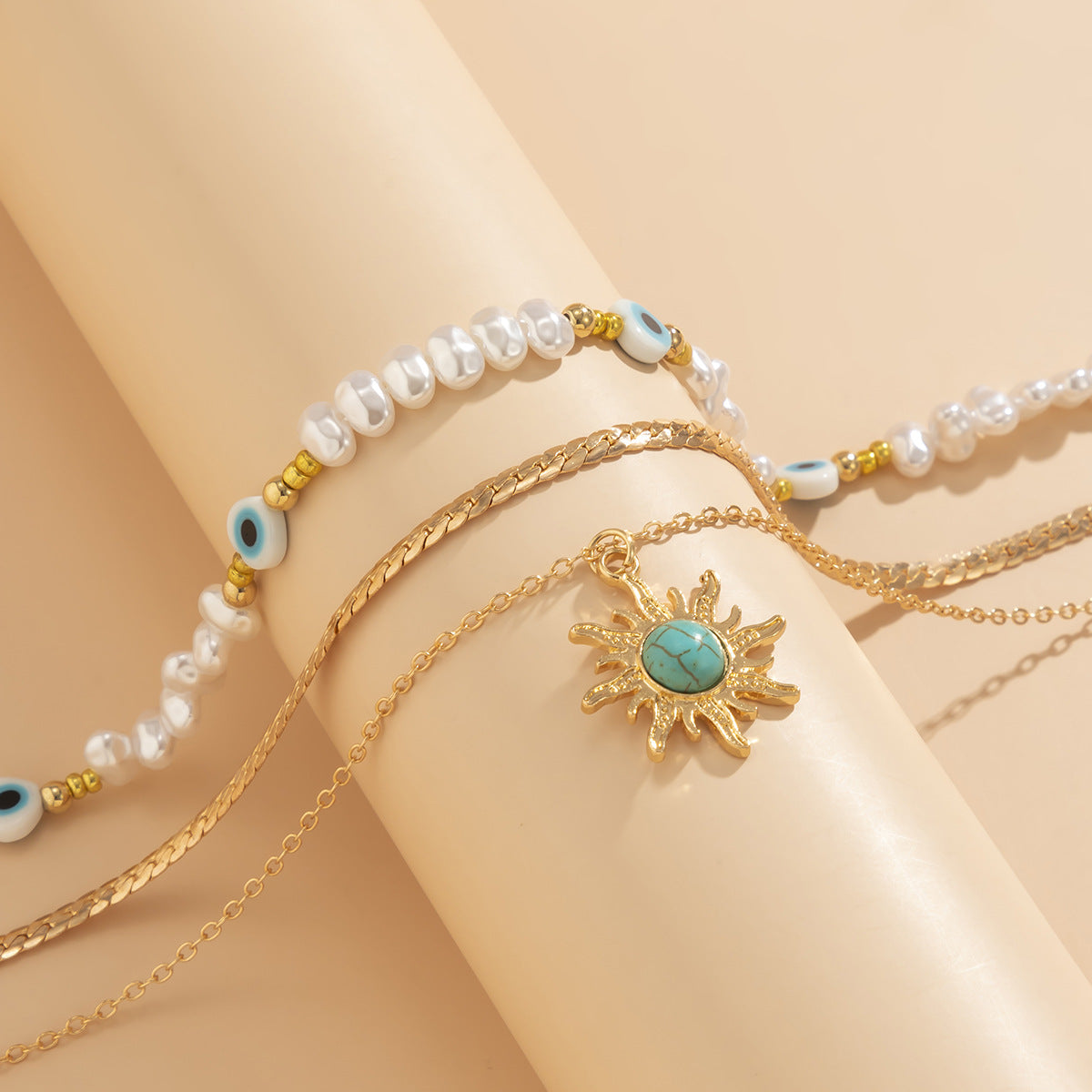 Court Retro Devil'S Eye Necklace Sun Pendant Irregular Pearl Multi-Layer Stacked Necklace