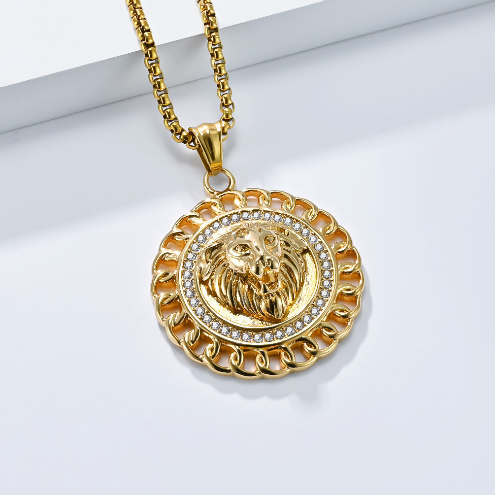Planderful Lion Head Necklace Domineering Gold Plated Stainless Steel Hip Hop Jewelry Everyday Genie For Men
