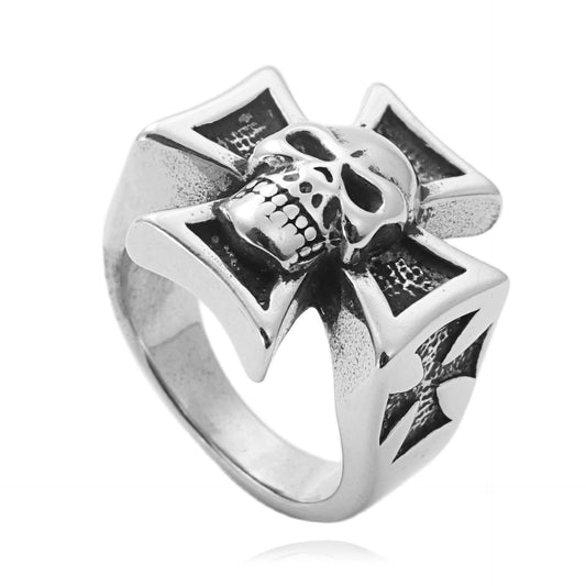 Titanium Steel Punk Skull Ring for Men - Retro Cross Design in European and American Style