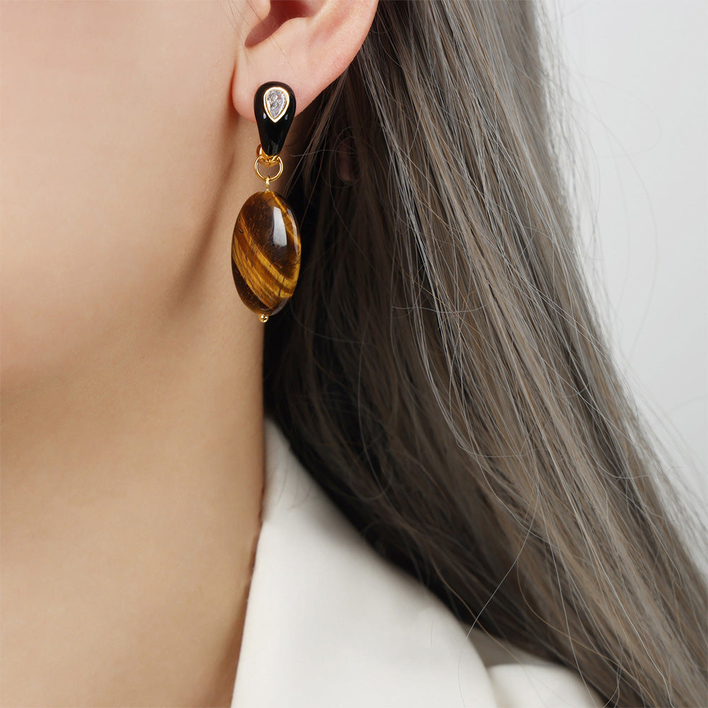 Tiger Eye Stone Pendant with Enamel Earrings Set