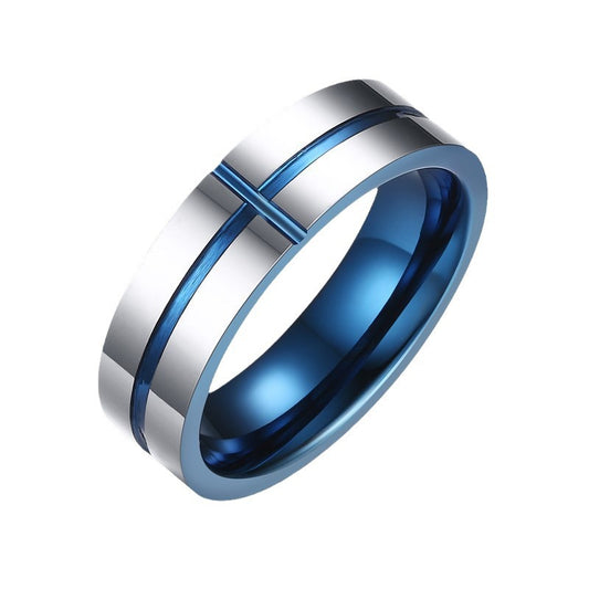 Korean Version Ring 6mm Tungsten Steel Blue Groove Cross Ring
