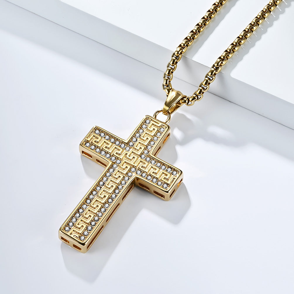 Titanium Steel Cross Necklace For Men By Planderful Featuring Zircon Great Wall Pattern Hip Hop Style