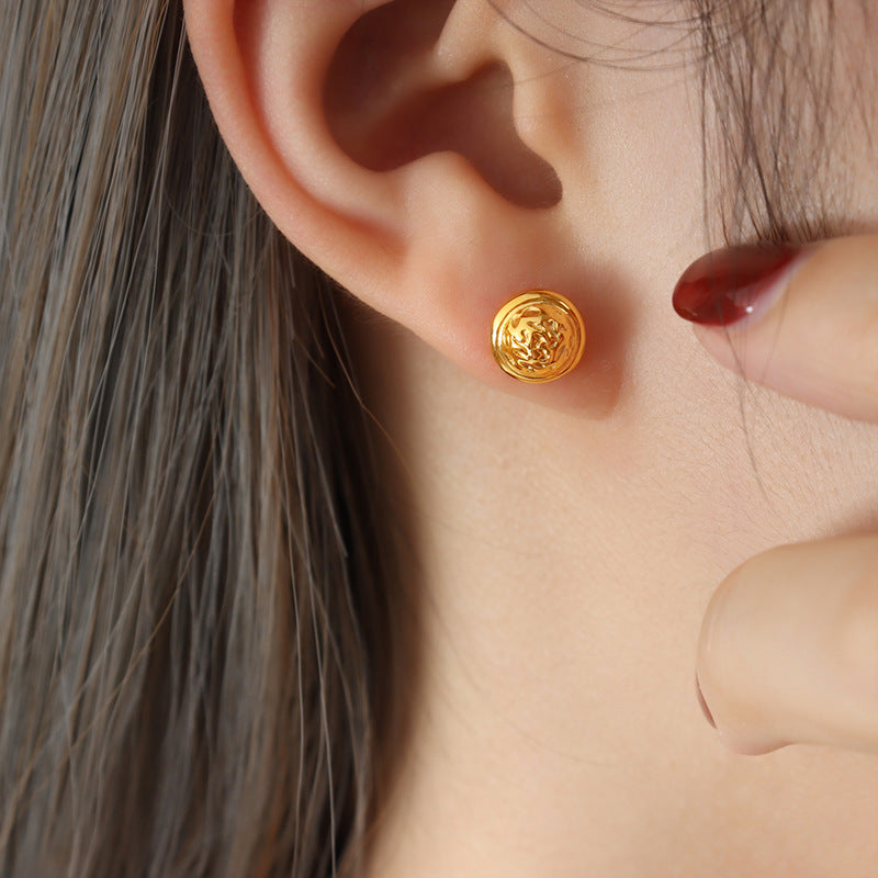 Golden Embossed Round Shield Stud Earrings - European and American Design