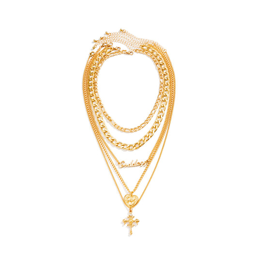 Vintage Letter, Cross & Portrait Layered Necklace