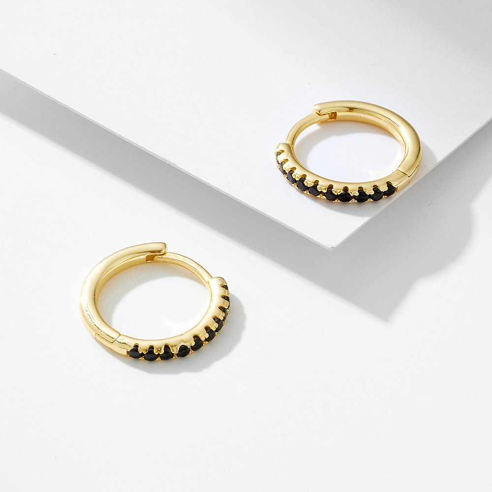 925 Sterling Silver Micro-Inlaid Black Zircon Round Earrings, Trend Geometric Silver Earrings,