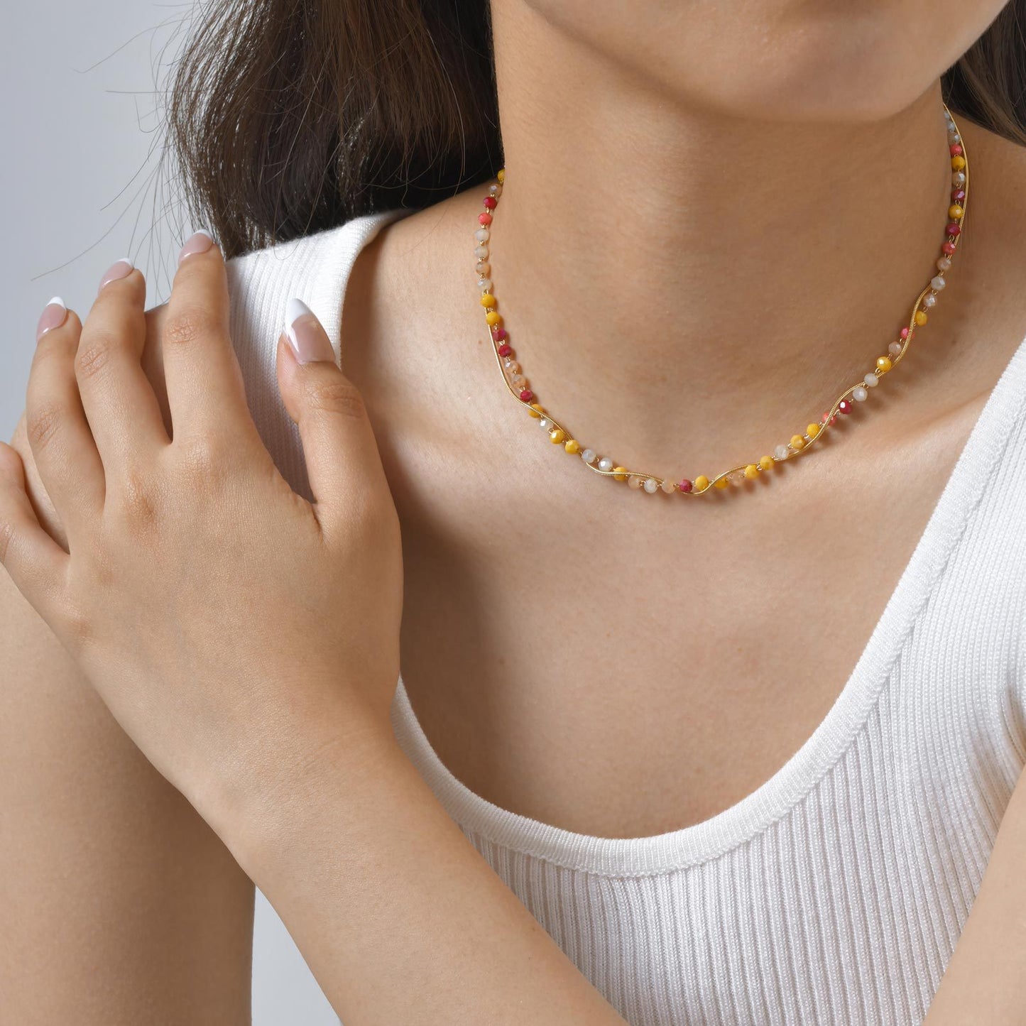 Stainless Steel Round Snake Chain Red & Yellow Mixed Color Glass Section Beaded Necklace