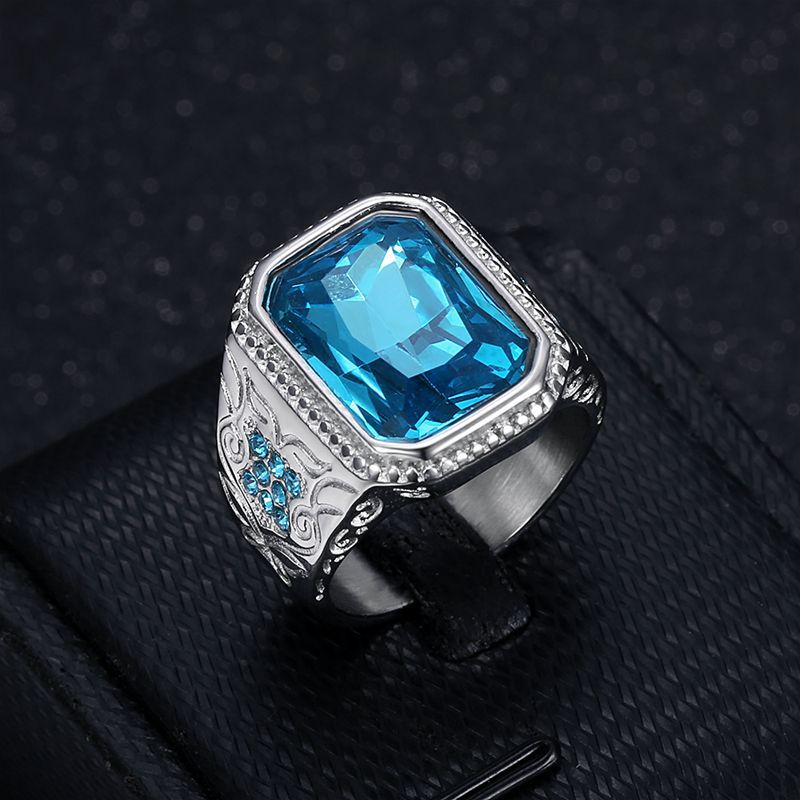 Planderful Hip Hop Ring For Men Gold Plated Titanium Steel Ice Blue Rhinestone Glass Gem Everyday Genie