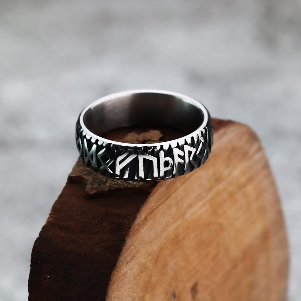 European And American Jewelry Wholesale Men's Titanium Steel Ring Retro Viking Rune Ethnic Style