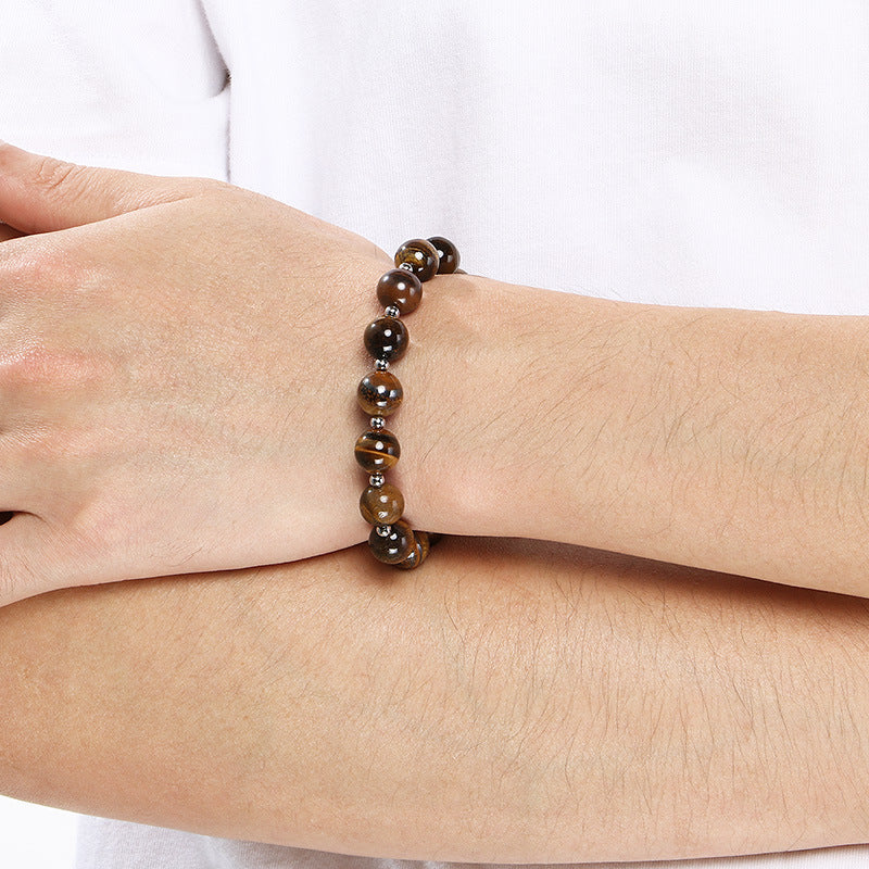 Bracelet – Tiger's Eye Stone Beaded Stainless Steel Round Beads With Extension Chain