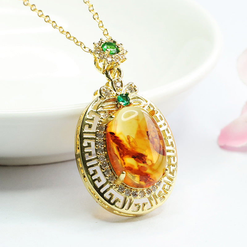 Amber Flower Pendant with Zircon Hollow Design in Sterling Silver