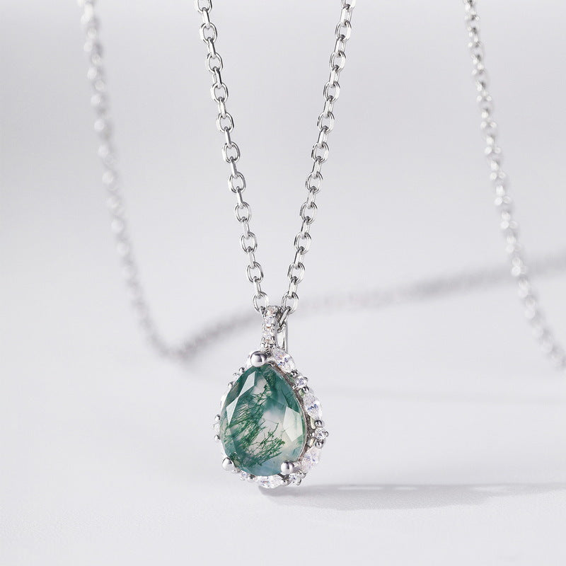 S925 Sterling Silver Moss Agate Pendant Necklace