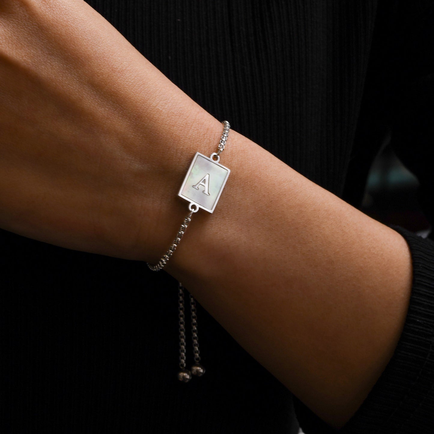 Stainless Steel Shell Letter Square Pearl Chain Ladies Bracelet