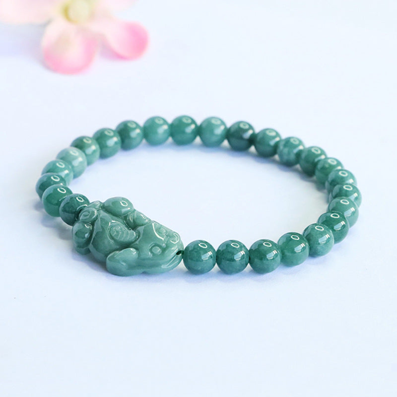 Blue Water Jadeite Pixiu & Round Bead 6 mm Bracelet
