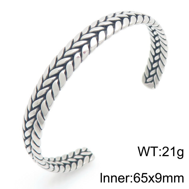 Antique Leaf Pattern C-Shaped Bracelet – Punk Style Leaf Pattern Twist Woven Stainless Steel