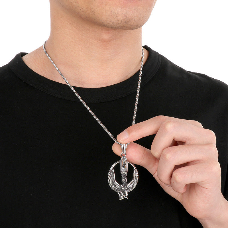 Planderful Retro Mens Titanium Steel Necklace Wings Pendant