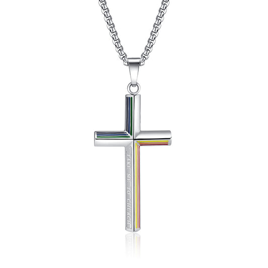 Cross-Border Temu Rainbow Flag Stainless Steel Cross Necklace for Men