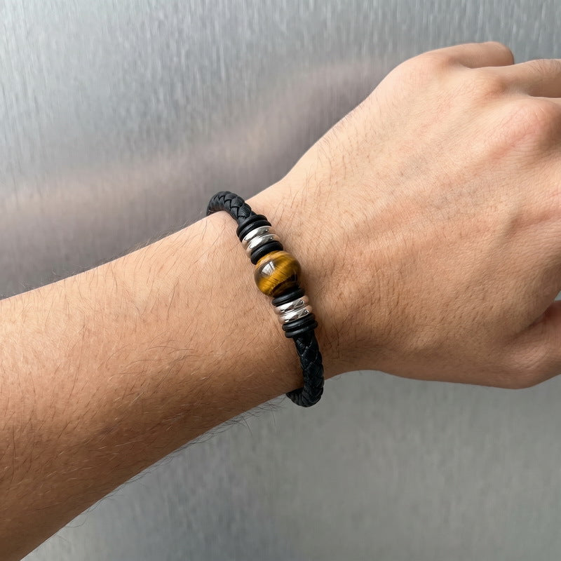 Woven Leather Rope Bracelet Tiger's Eye Stone Lapis Lazuli Magnetic Buckle Stainless