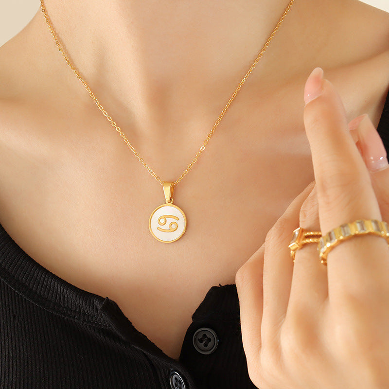 Celestial Zodiac Necklace Set with White Sea Shell Pendant - Titanium Steel Gold Plated Women's Jewelry