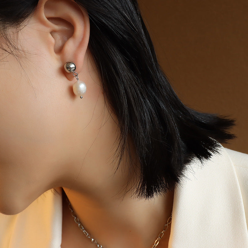 Elegant Titanium Steel Small Stud Earrings with Freshwater Pearl Detail