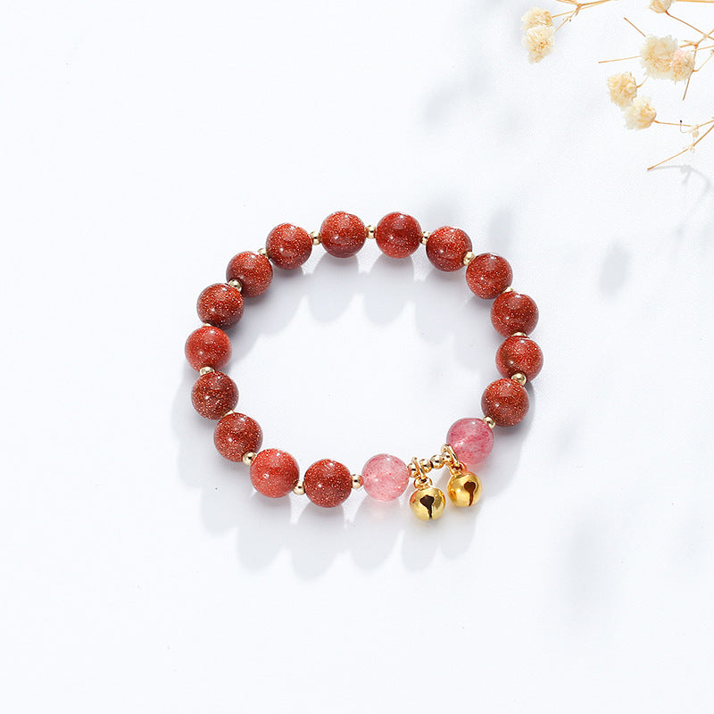 Strawberry Crystal and Gold Sand Bracelet with Sterling Silver Bell Detail