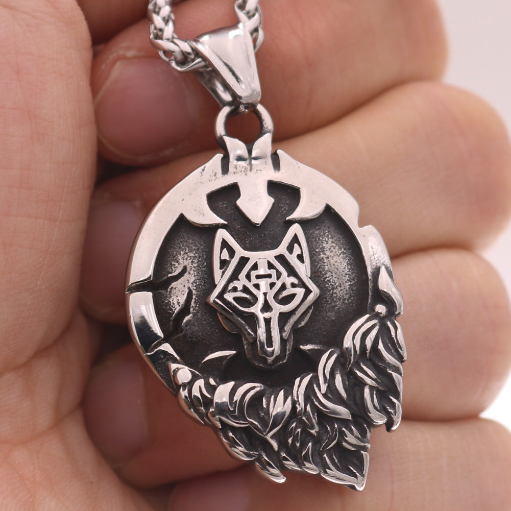 Nordic Myth Rune Necklace with Viking Odin Wolf Head Pendant for Men