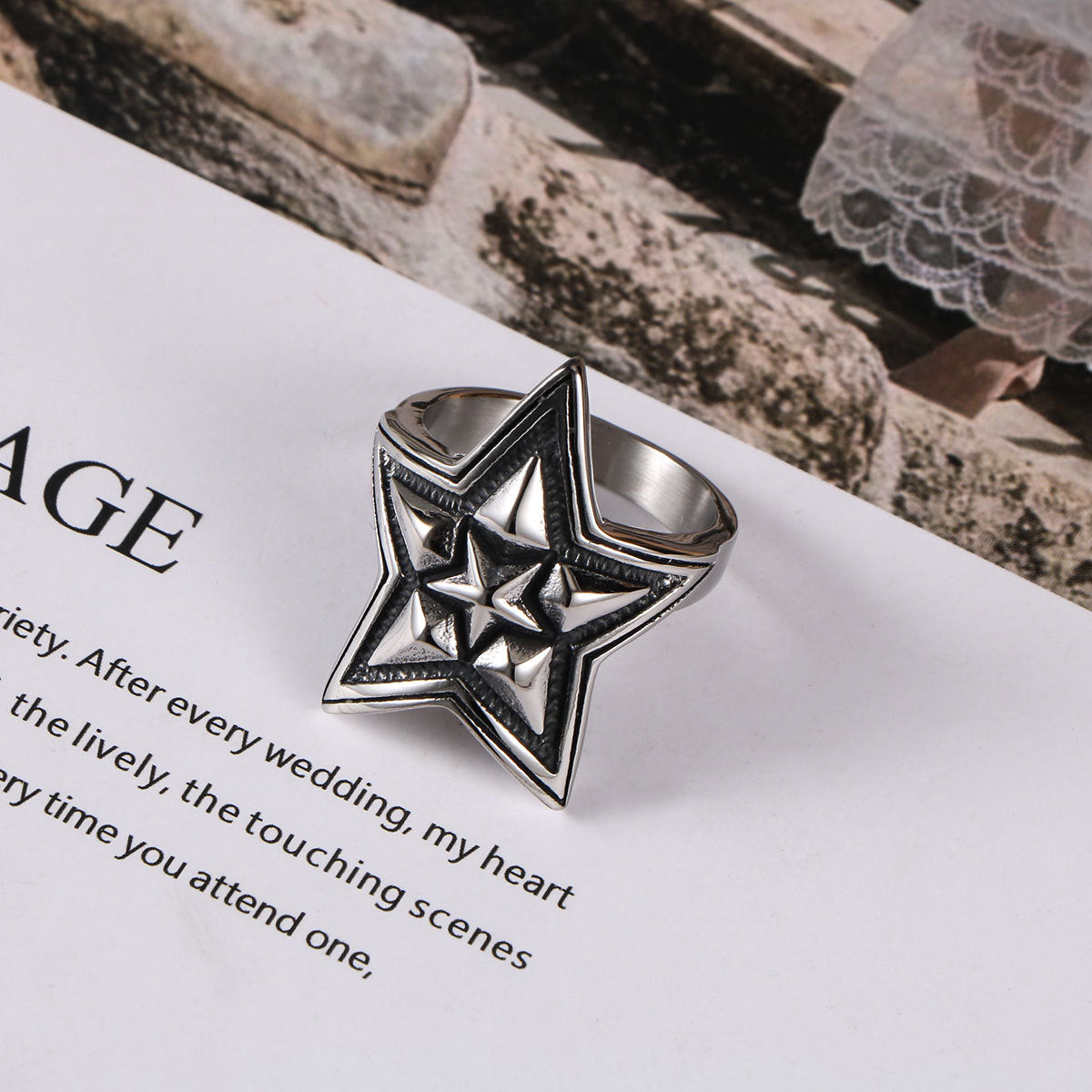 Punk Retro Titanium Steel Ring Mens Pentagram Rock Ring