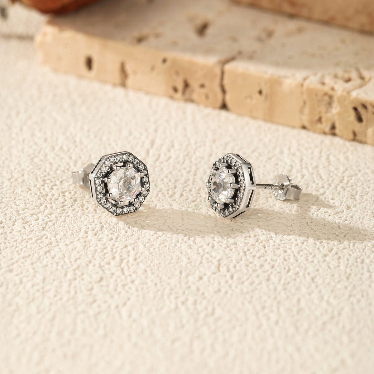 925 Sterling Silver Octagonal Zircon Stud Earrings