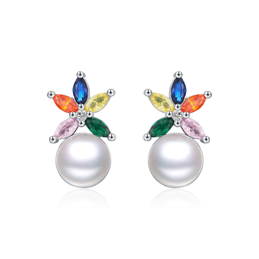 Planderful Everyday Genie Earrings – Elegant Rainbow Zircon and Pearl Design