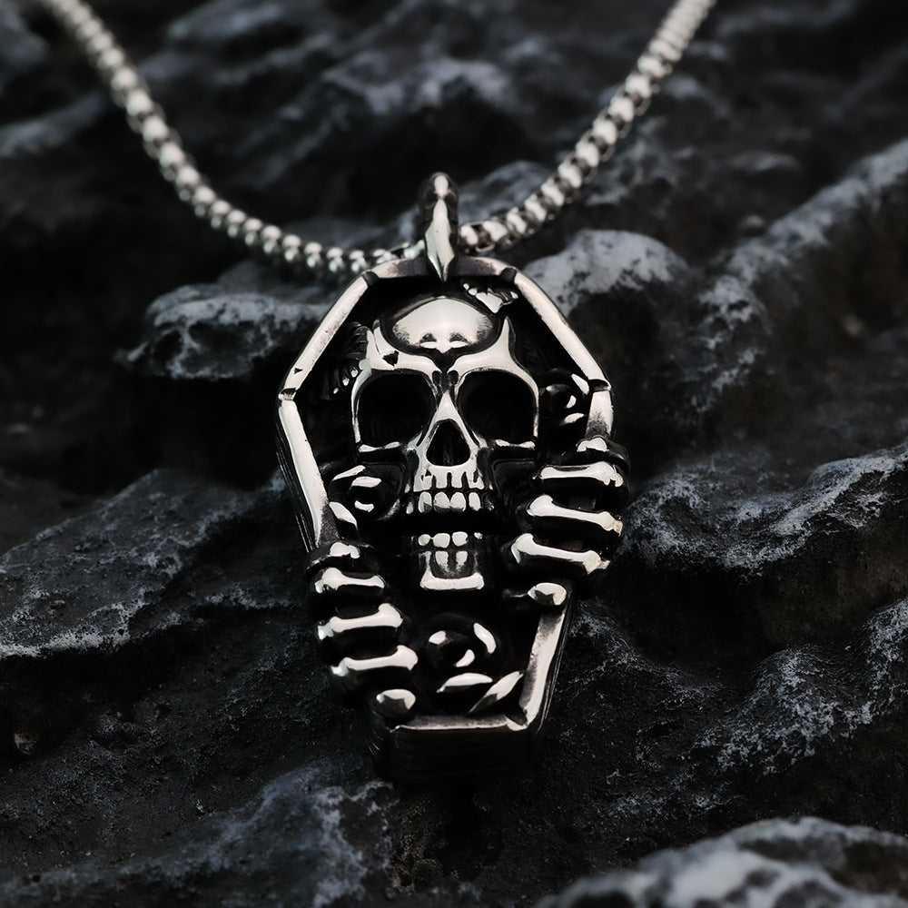 European And American Retro Stainless Steel Men's Pendant Personalized Punk Skull Coffin Necklace