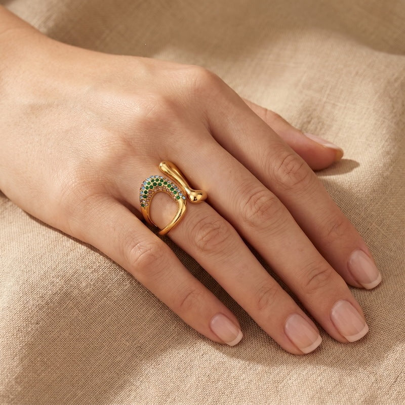 Hip Hop Double Twisted Hollow Zircon Ring French Niche Design Curve Stainless Steel
