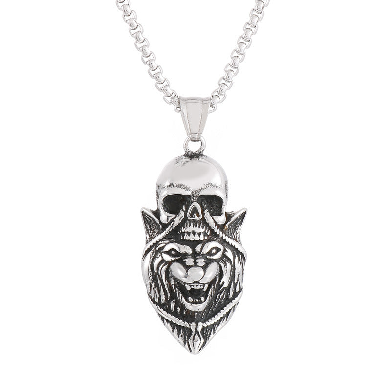Dark Wind Lion Head Necklace with Ghost Skull Pendant - Men's Titanium Steel Jewelry