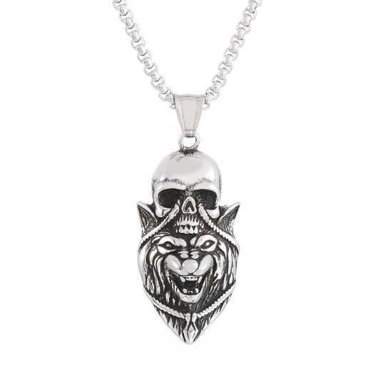 Dark Wind Lion Head Necklace with Ghost Skull Pendant - Men's Titanium Steel Jewelry