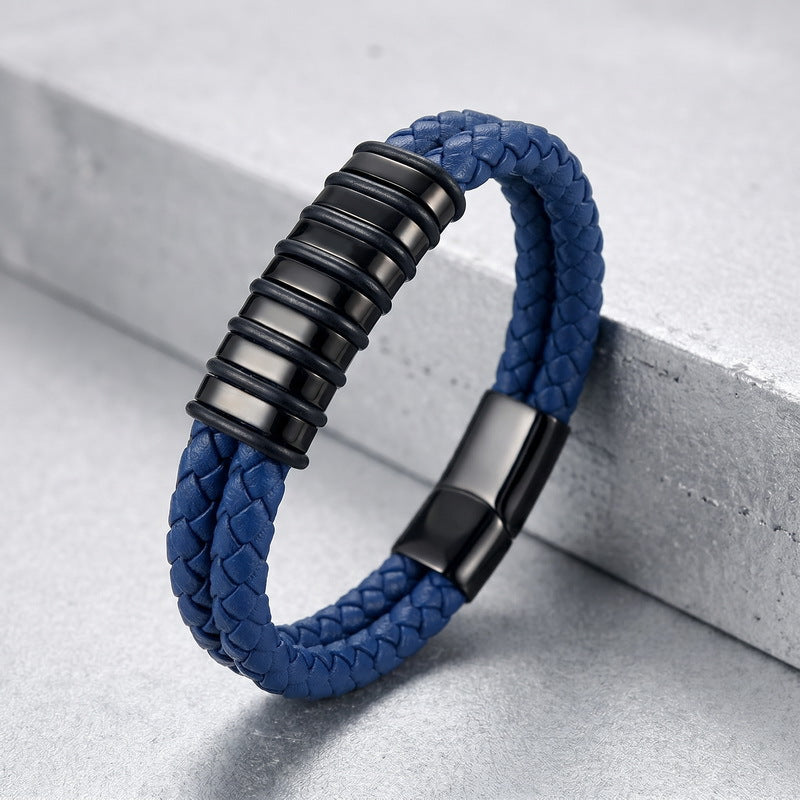 Blue/Black Leather Bracelet Double Layer Braided Microfiber Leather Stainless Steel