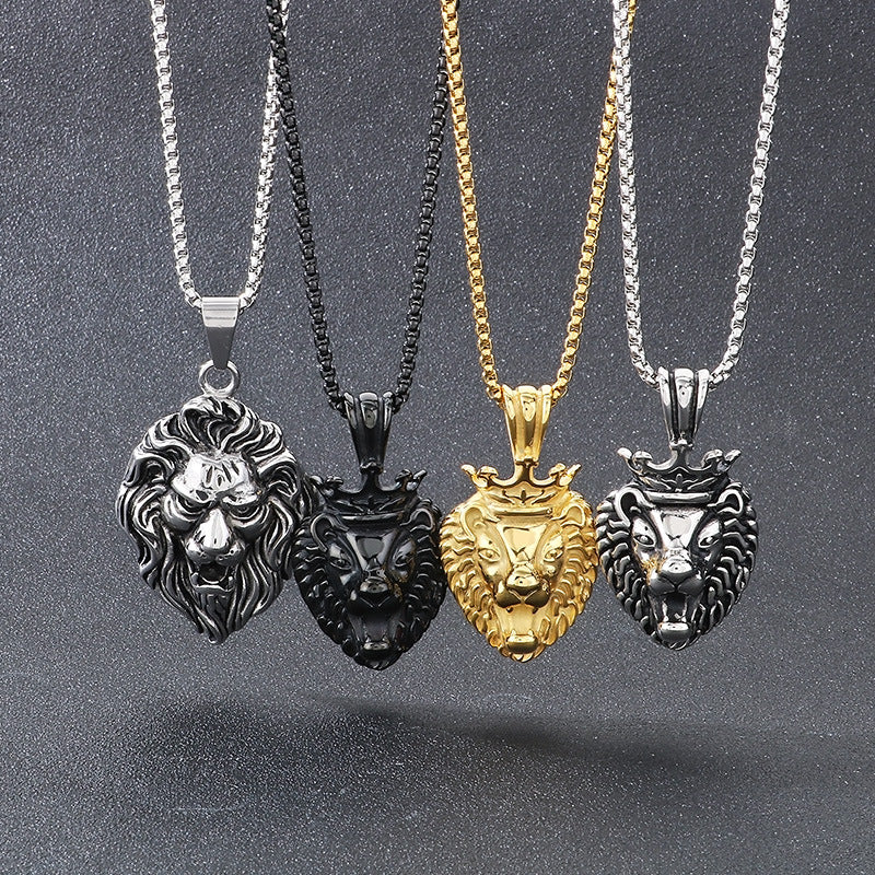 Planderful Lion Head Zircon Pendant Steel Mens Necklace