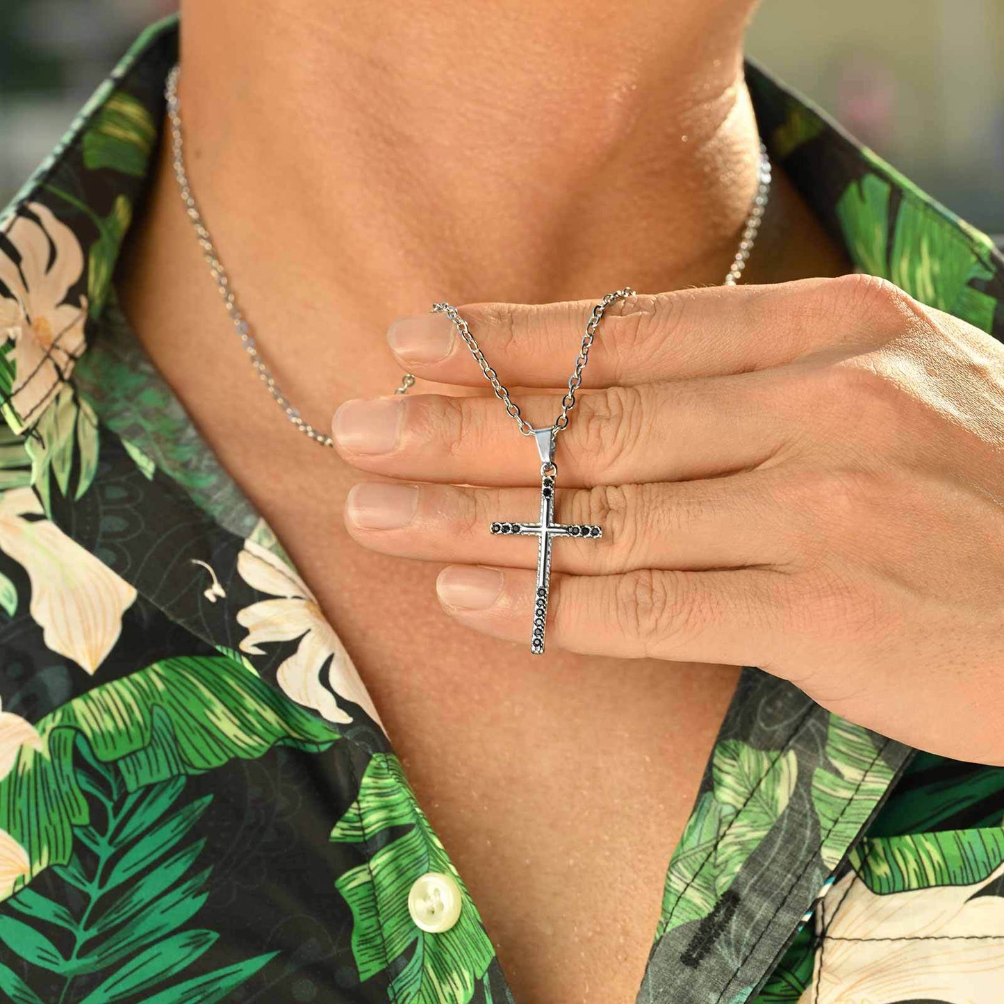 Planderful Stainless Steel Cross Pendant Men Black Zircon