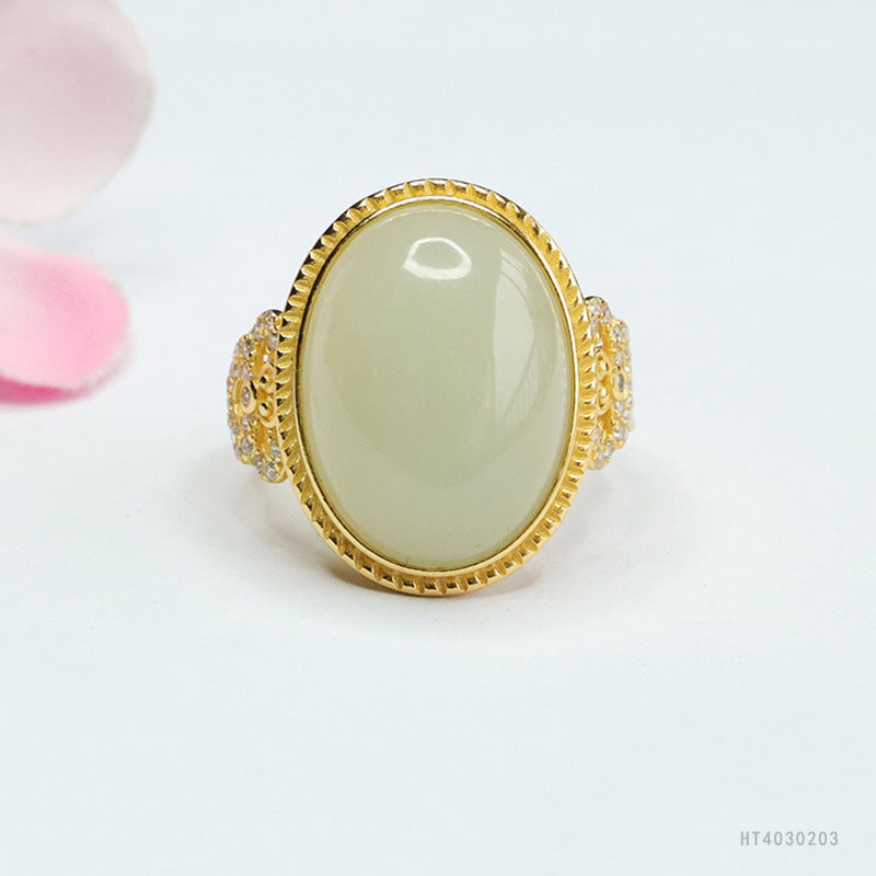 925 Sterling Silver Qingshui Hetian Jade Ruyi Ring