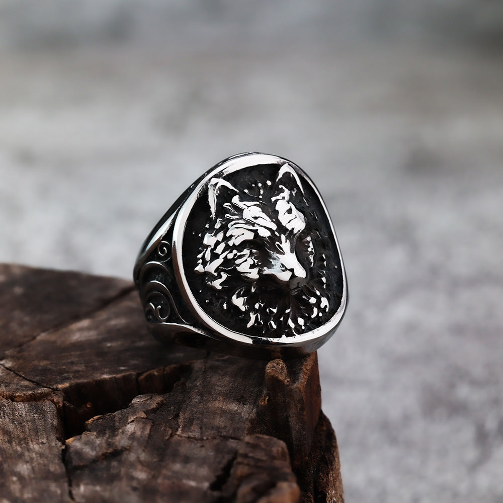 Titanium Steel Retro Viking Animal Wolf Head Ring for Men