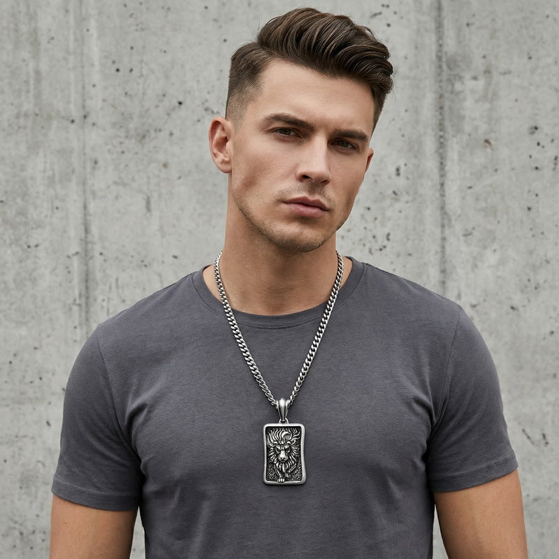 Punk Style Retro Casting Lion Tag, Smearing Oil Animal Square Brand Stainless Steel Necklace