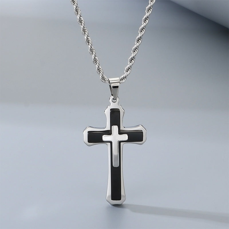 Style Three-Layer Three-Dimensional Cross Pendant, Titanium Steel Black Steel Contrasting Color Necklace, Men's